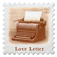 This vintage postage stamp shows a classic typewriter with a blank sheet of paper ready for a message