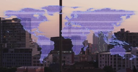 At dusk purple map projecting over skyline, pulsing nodes, shifting to point-cloud showing network - Powered by Adobe
