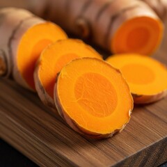 Freshly Sliced Turmeric Root on a Wooden Cutting Board.