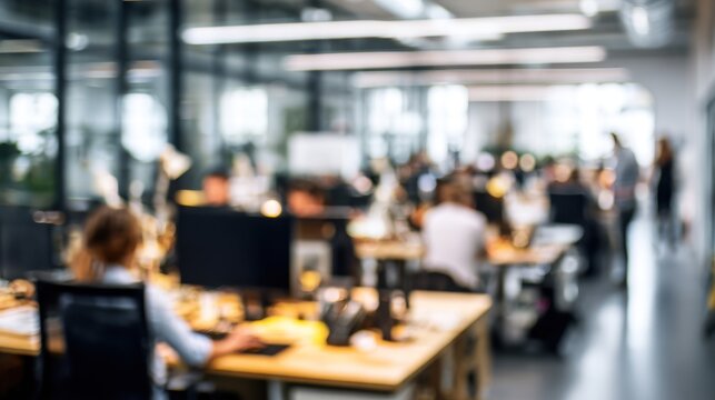 Blurred modern office interior with workers at desks and bright lighting. - Powered by Adobe