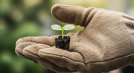 A gloved hand holding a small seedling with visible roots against a blurred green background outdoors