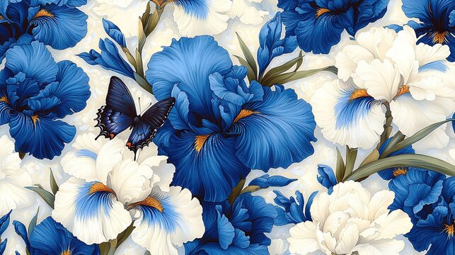 A blue and white flower pattern with a butterfly