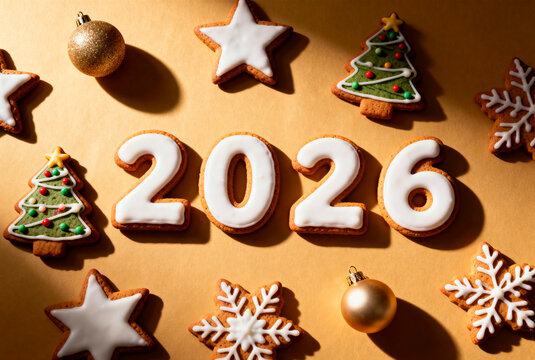 Gingerbread cookies shaped like stars, trees, and snowflakes arranged around the number 2026. The cookies are decorated with white icing on a golden background.