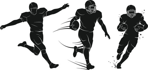 American football silhouette illustration, dynamic athlete poses, running with ball, kicking motion, speed effect, sports vector, black graphic style