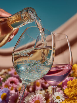 White wine being poured into an elegant glass beside a ros&eacute; glass surrounded by colorful spring flowers. Fresh outdoor drink concept with vibrant contemporary aesthetics.