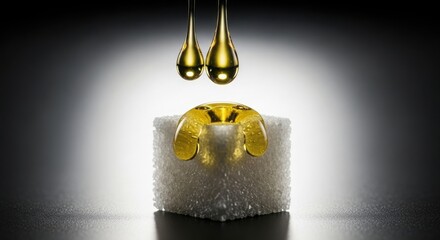 Golden Drops Falling Onto Sugar Cube with Dramatic Lighting.