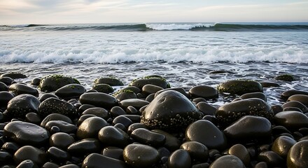 View of a rocky beach with dark stones and ocean waves rolling in under a cloudy sky at the coast line