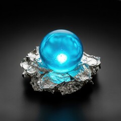 Glowing Blue Crystal Ball on Crumbled Silver Foil.