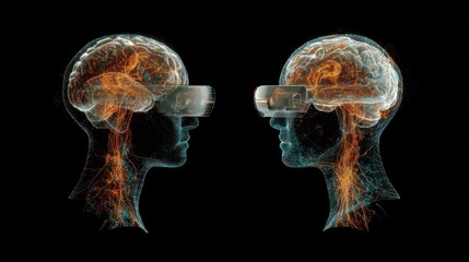 Two glowing wireframe heads wear virtual reality headsets facing each other.
