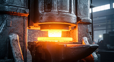Hot metal being forged in a press in a metalworking shop with bright orange glow