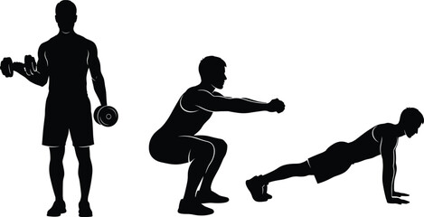 Silhouette workout poses, bicep curl, squat, plank exercise, body strength training, fitness vector, gym routine, core, arms, legs