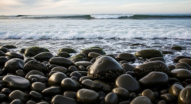 View of a rocky beach with dark stones and ocean waves rolling in under a cloudy sky at the coast line