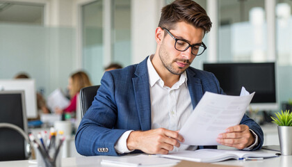 Professional young man reviewing documents in modern office environment with colleagues working in background. Young professional engages in detailed examination of paperwork in busy workspace.