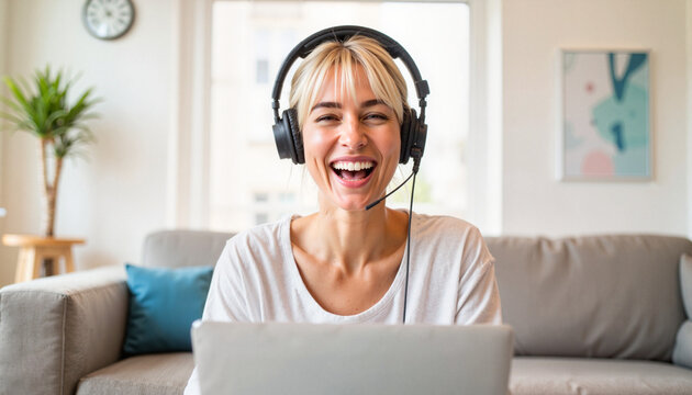 Happy woman on video call with laptop in home office, engaging in online conversation with wireless headset on, bright room setting enhances communication and collaboration experience.