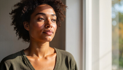 Thoughtful young woman with curly hair gazing out of window, sunlight highlighting her face and features. Serene moment captures contemplation and reflection,