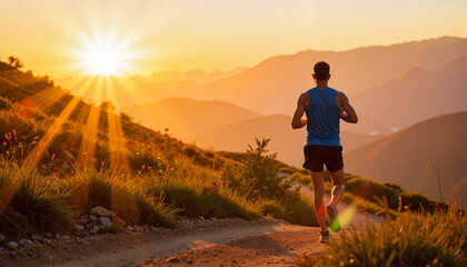 Morning run with male jogger on mountain trail under sunlight. Jogging on rocky path surrounded by nature showcases healthy lifestyle.