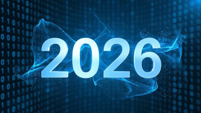 Digital year 2026 number floating in binary code data stream background