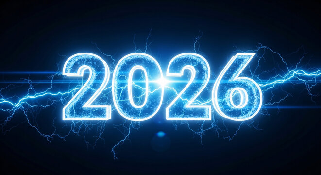 The year 2026 in glowing blue with lightning bolts on a dark blue background