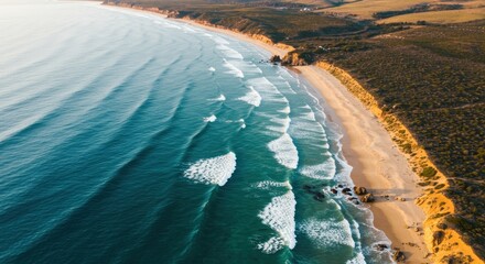 Aerial perspective captures ocean waves washing onto a long, sandy coastal shoreline bordered by rugged terrain.