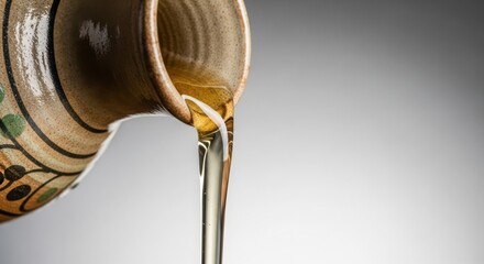 Golden Honey Pouring from a Decorative Ceramic Pot.