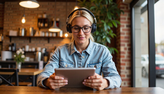 Young woman at cafe with tablet and headphones enjoying music and beverages. Woman engages with content on tablet while listening to favorite playlist in cozy coffee shop atmosphere.