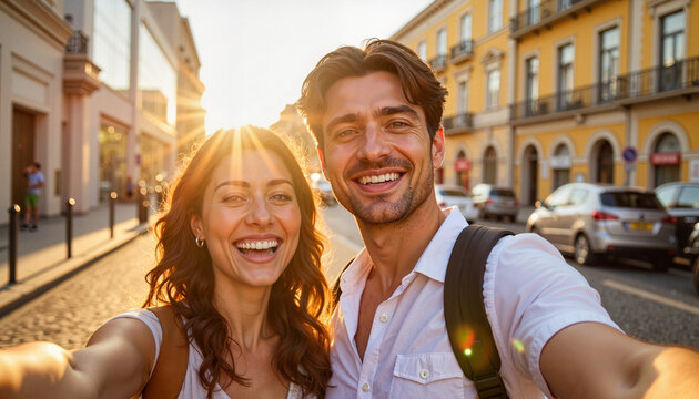 Happy couple taking selfie on city street during sunset, smiling widely and enjoying time together. Joyful moment captured in vibrant urban setting reflects love and connection,