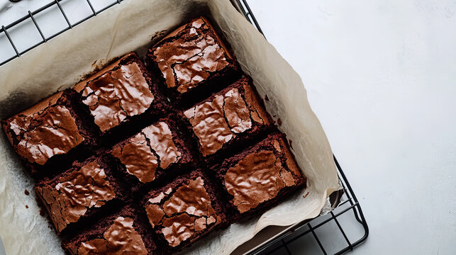 Delicious homemade chocolate brownies freshly baked and ready to be served with copy space for National Brownie Day, National Brownies at Brunch Month