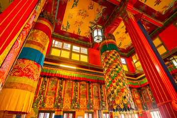 Buddhist thangka - a Tibetan Buddhist painting on cotton, or silk applique - in a monastery in Ralong, Sikkim, India. Image shot with permission.