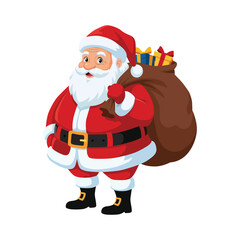Smiling Santa claus with a sack full of gifts, vector illustration, Isolated white background