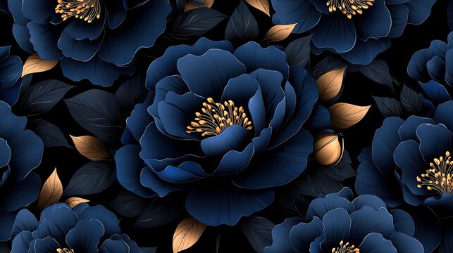 A pattern of dark blue flowers and leaves on a black background