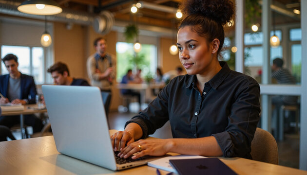 Woman working on laptop in modern office environment with colleagues engaged in conversation and collaboration around. Focused atmosphere promotes productivity and innovation in dynamic workspace.
