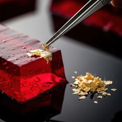 Gourmet Dessert Preparation - Applying Edible Gold Leaf to Red Jelly.