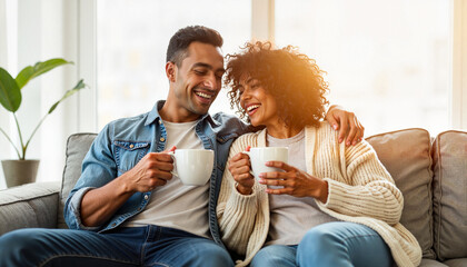 Happy couple enjoying coffee together on cozy couch, sharing warm smiles while talking. Couple connection and intimacy emphasized with soft lighting and relaxed atmosphere.