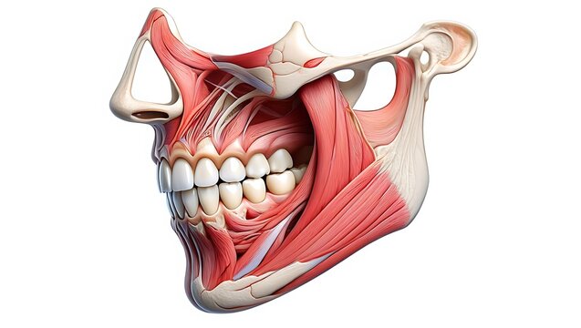 Human jaw anatomy: detailed muscles, teeth, and bone structure