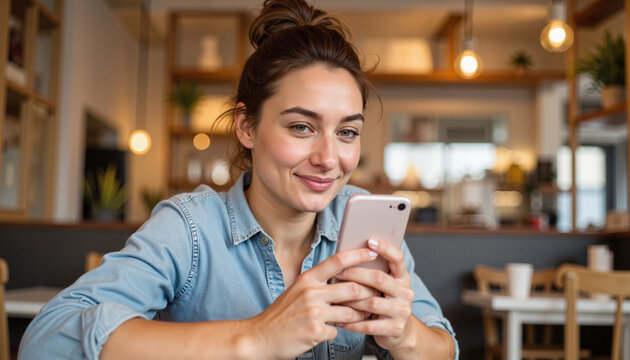 Young woman using smartphone in cozy cafe environment, enjoying social media interaction while sitting at wooden table.
