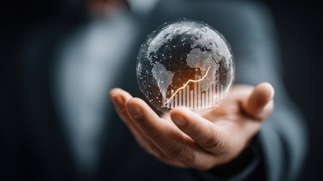Hand holding glowing digital globe with upward trending bar graph.