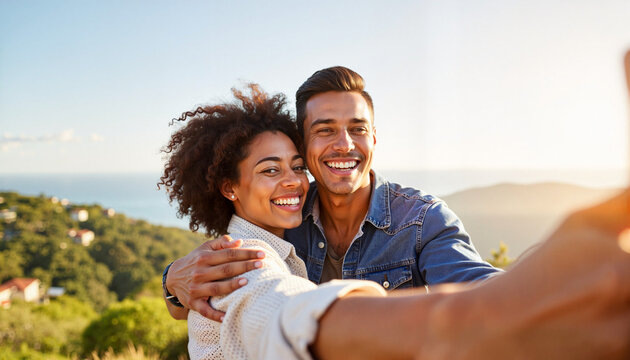 Happy couple taking selfie together outdoors in scenic nature setting. Joyful moment captures facial expressions and emotions, sunlight highlights their features.