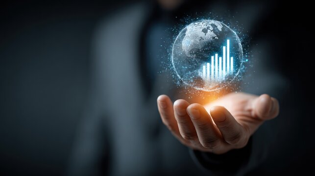 Hand holding glowing digital globe with upward trending bar chart.