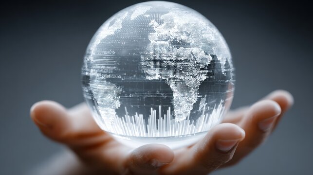 Hand holding glowing digital world globe with data visualization.