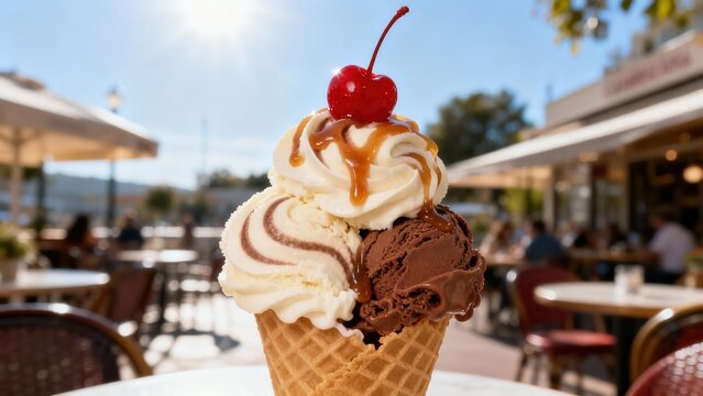 Delicious triple scoop ice cream cone topped with caramel and a cherry sits on an outdoor cafe table under bright sunlight.