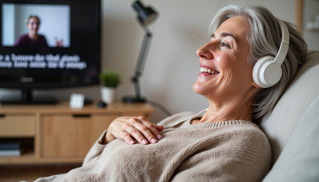 Senior woman enjoying music with headphones while relaxing at home, smiling joyfully during video call on television. - Powered by Adobe