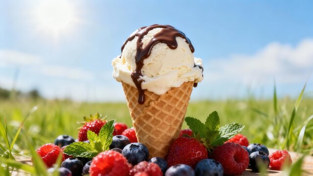Creamy frozen dessert in a waffle cone topped with dark chocolate sauce sits among fresh berries outdoors under bright sun - Powered by Adobe