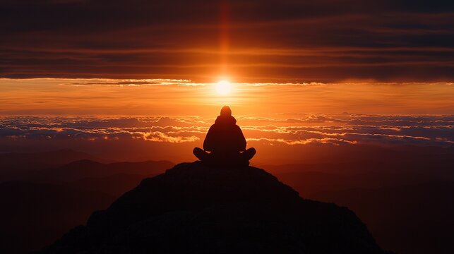 A person sitting on top of a mountain at sunset - Powered by Adobe