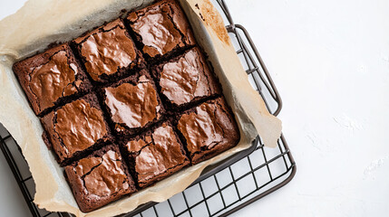 Freshly Baked Homemade Brownies in Pan Ready to Serve Dessert Time with copy space for National Brownie Day, National Brownies at Brunch Month