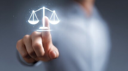 Finger touches glowing scales of justice icon on dark background