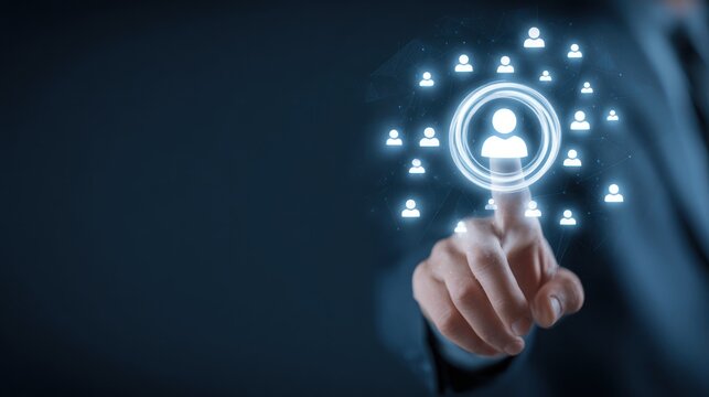 Finger touching glowing digital network of user icons interface