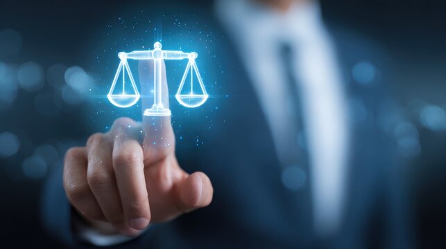 Businessman hand touches glowing digital scales of justice icon.