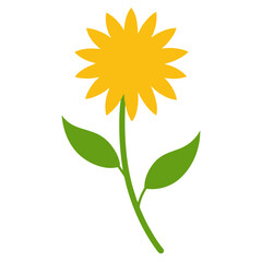Cartoon stylized yellow flower with green stem and leaves icon