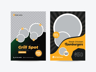 Turn up the heat with our sizzling grills and juicy burgers, Burger bar menu template - A4 card (burgers, wraps, French fries, drinks, sets