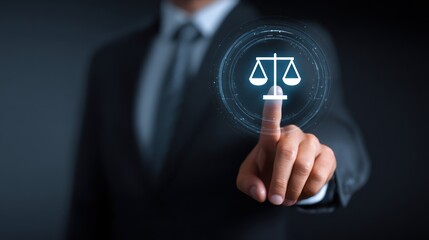 Businessman touching glowing digital scales of justice icon interface